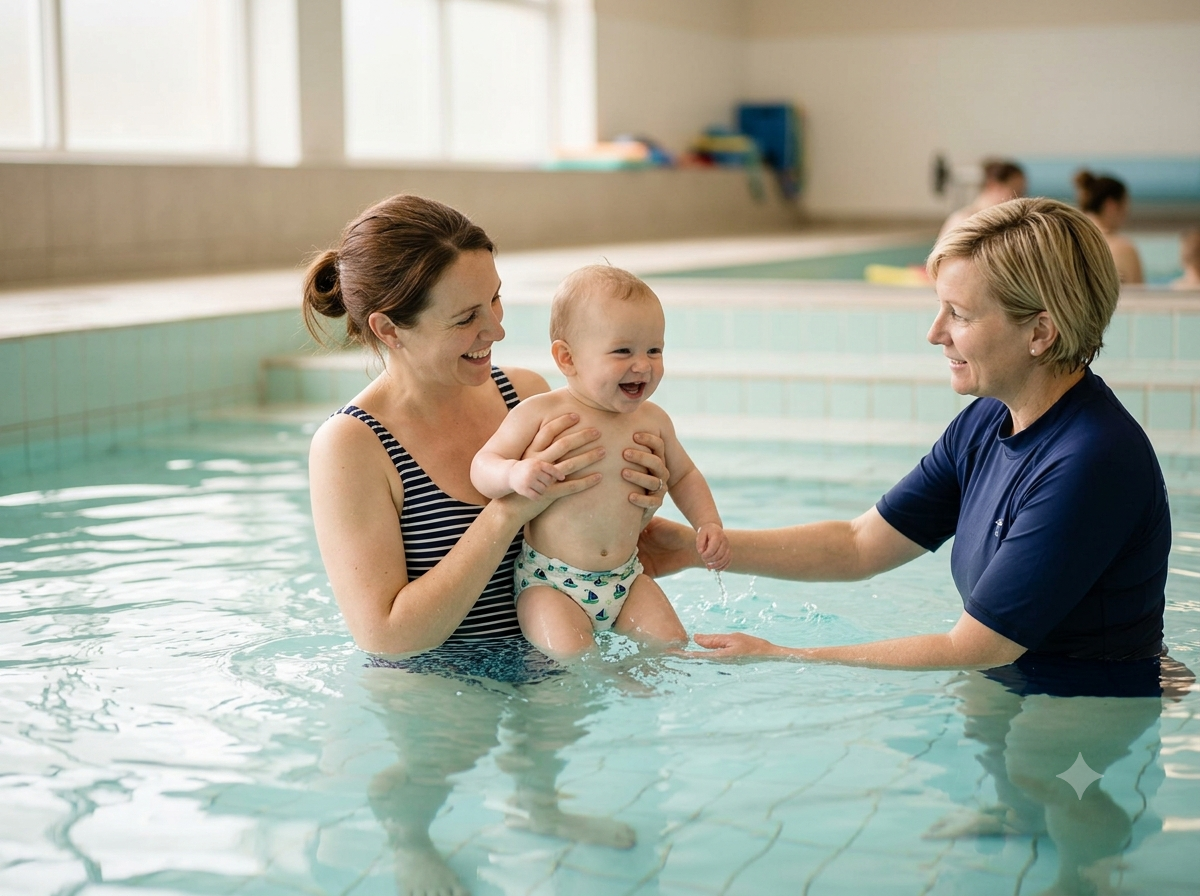 A parent holds their baby in warm, shallow water